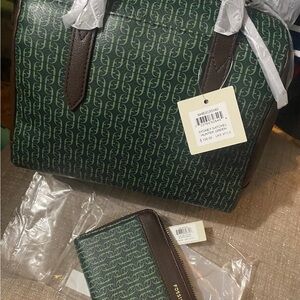 Green and Brown Fossil Satchel Bag with Wallet
